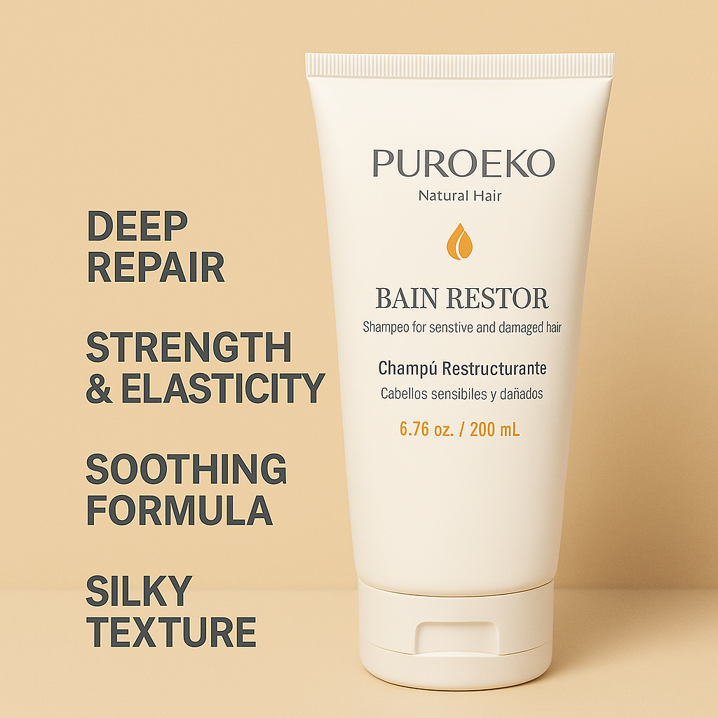 PUROEKO Bain Restor – Champú reparador para cabello dañado | Fortalece, nutre y ayuda a recuperar la fibra capilar – Con aceite de argán y biotina – Sin sulfatos ni parabenos – 1 botella de 200 ml