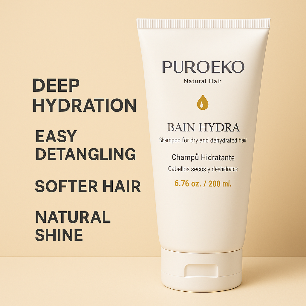 PUROEKO Bain Hydra – Champú hidratante para cabello seco | Hidratación profunda, suavidad y brillo – Ácido hialurónico, sin sulfatos – 1 botella de 200 ml