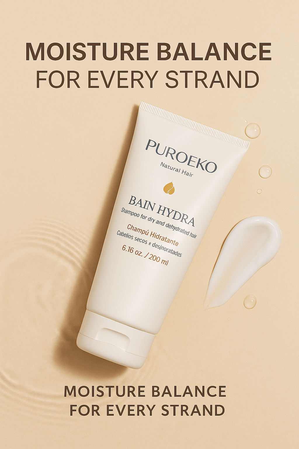 PUROEKO Bain Hydra – Champú hidratante para cabello seco | Hidratación profunda, suavidad y brillo – Ácido hialurónico, sin sulfatos – 1 botella de 200 ml