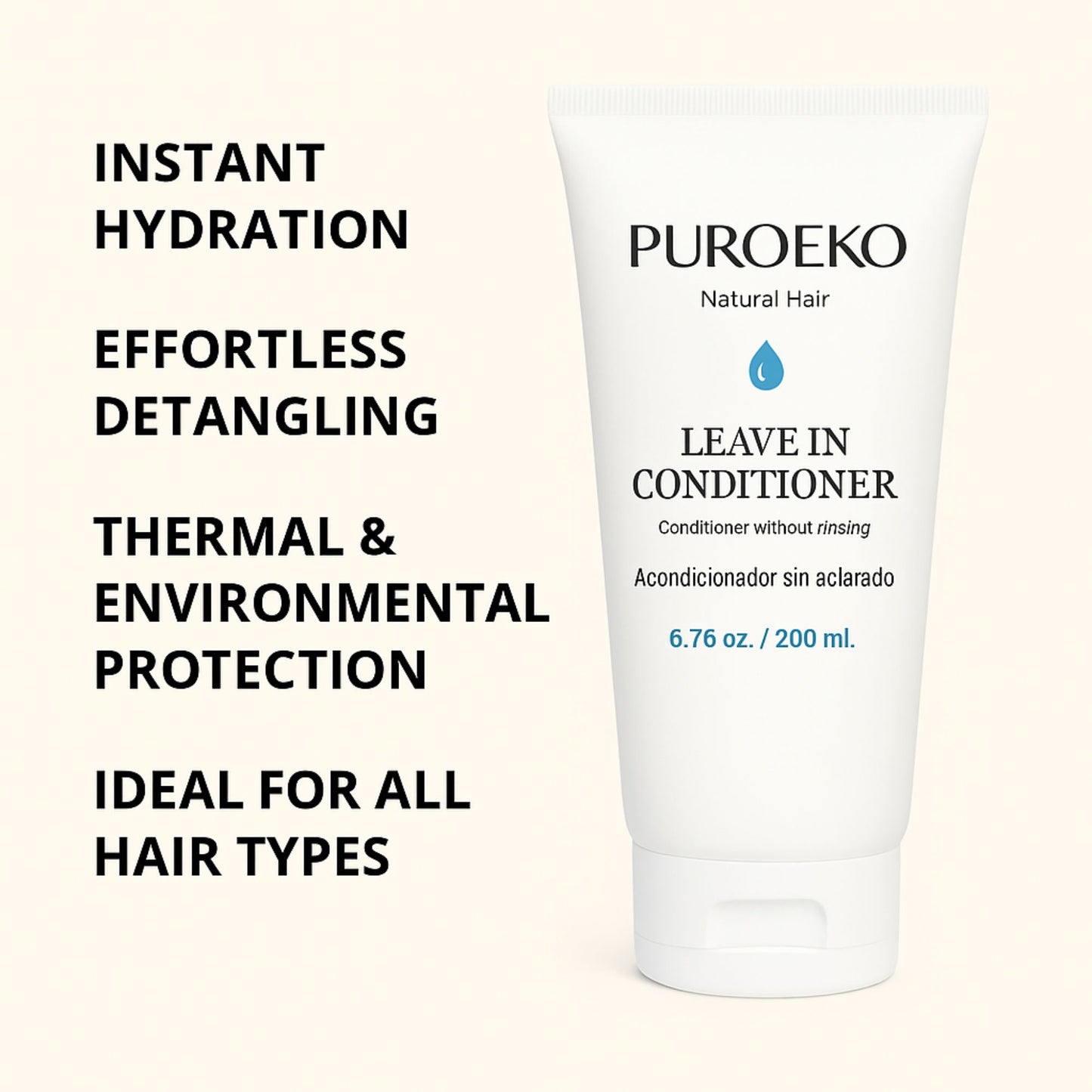 PUROEKO Leave-In Conditioner – Acondicionador sin aclarado para cabello rizado y seco | Hidratación, desenredado y control ligero del frizz – 1 botella de 200 ml