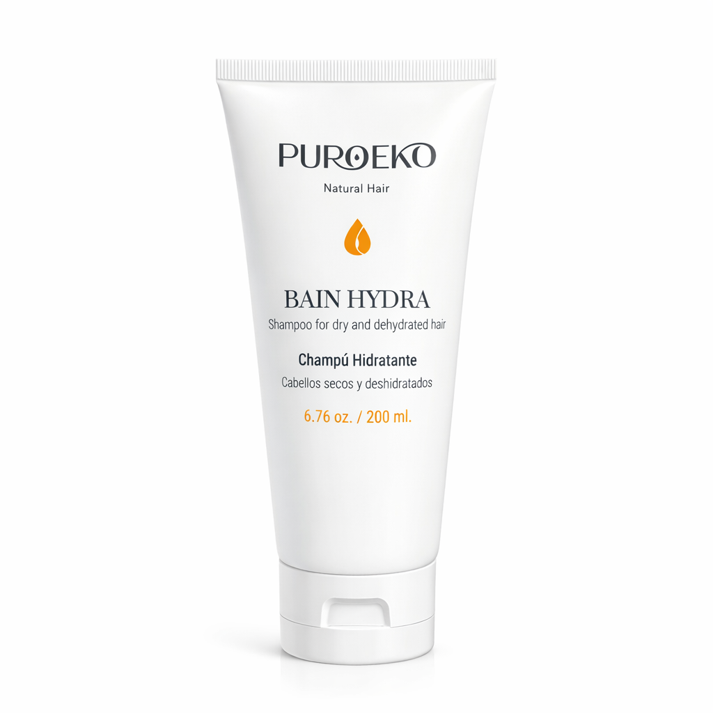 PUROEKO Bain Hydra – Champú hidratante para cabello seco | Hidratación profunda, suavidad y brillo – Ácido hialurónico, sin sulfatos – 1 botella de 200 ml